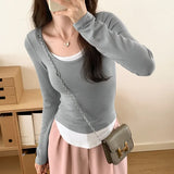 Sense Of Design For A Minority Round-Necked Early Autumn Long-Sleeved T-Shirt, A New Style Of Fake Two Matching-Color Bottomed Shirts With Underwear.-Outfit