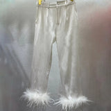 TWOTWINSTYLE Solid Patchwork Feathers Pants For Women High Waist Solid Minimalist Trousers Female Casual Clothing Style