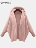 Autumer Winter Faux Fur Coat for Women Thick Loose Casual Hoodies Jackets Warm Batwing Sleeve Over Size Streetwear
