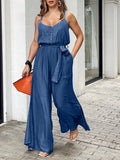 Celmia Elastic Waist Spaghetti Straps Overalls Women Fashion Wide Leg Pants 2022 Summer Long Rompers with Belt Casual