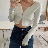 Spring V Neck Button Long Sleeve Sweaters Women Korean Style Thin Single Breasted Cardigans Lady Cropped
