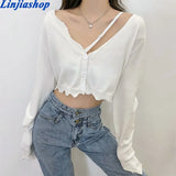 spring summer women sweater fashion knitted button up cardigan white black ripped irregular crop