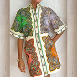 New Women's Collar Single Row Buckle Long-Sleeved Temperamental Print Dress Dress