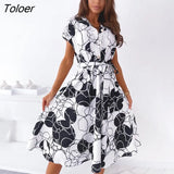 Vintage Print Shirt Dress Women Elegant V-Neck Short Sleeve Midi Dress 2021 Fashion Ladies Floral Party Long Dresses