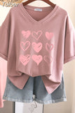 100% Cotton L-6XL T Shirt Plus Size Tshirt Short Sleeve Women Top Summer Heart Print Sweet V Neck Oversized T