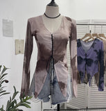 Real Shooting Hottie Slear Dye Printing V Tie With Hollow Irregular Shoulder Long-Sleeved T-Shirt