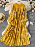 Yellow/Purple/Green Lace Patchwork Long Dress Women Spring Autumn Elegant Round Neck Puff Sleeve High Waist A-Line Party