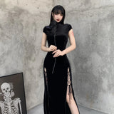 Women Retro Vintage Cheongsam Dresses Party Long Split Slim Bodycon Dress Black 2023 New Female Casual Fashion Velvet Vestidos-Outfit