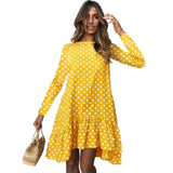Women Fashion Dress Polka Dot Chiffon Dress Long Sleeve O Neck Ruffle Female Casual Yellow Dress 2020 Retro