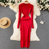Autumn Senior Knitted Dress Women Long Sleeve Elastic Waist Split Sweater Dress Ladies Party Sexy Warm Long