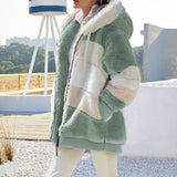 and the United States 2021 autumn and winter warm plush and zipper pocket hooded loose jacket