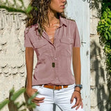 Cotton Tops Blouses 2019 Autumn Short Sleeve Solid V-Neck Office Blouse Female Work Women Button Up Shirt Plus Size