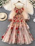 Embroidery Floral Mesh Dress for Women V-Neck Sexy Off Shoulder Holiday Camis Dress Ladies Long Robe Femme