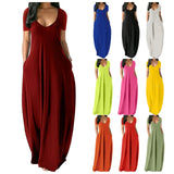 Casual Long Dress Summer 11 Colors Solid Short Sleeve Maxi Dresses Fashion Pocket V-neck Female Loose Dress Robe