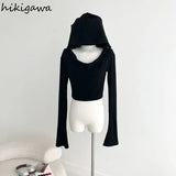 Black Tshirts for Women Crop Tops 2024 Shirts for Women Hooded Long Sleeve Tees Fashion Casual Sexy Y2k T Shirt 27u851-Outfit