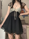 Patchwork Lace Cute Y2K Chiffon Dresses Women Square Collar Elegant Grunge Fairycore Clothes Ruffles Short A Line