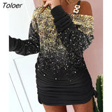 Off Shoulder Women Dress Autumn Long Sleeve Slim Fashion Print Shirring Mini Dress 2022 Casual Woman Dresses Winter