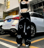 Women Street Jeans Retro Star Print Harajuku Wide-Leg Oversized Jeans High-Waist Casual Hip-Hop Black Trousers Autumn