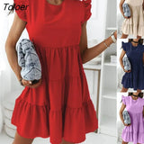 Casual Short Sleeve Mini Dress Women 2021 Summer Party Dress Round Neck Short Sleeve Solid Color Women O-neck Dress
