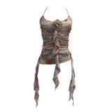 Asymmetrical Lotus Leaf Side Flower V-Neck Sling Vest Dyed Mesh Cross-Sleeveless Top