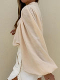 Elegant Solid Loose Shirt For Women Lapel Collar Long Lantern Sleeve Button Through Blouses Female Spring Fashion
