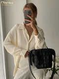Causal Loose Home Suit Autumn Long Sleeve Blouse With High Wasit Pants Set Women Elegant Pleated Beige 2 Piece Pant