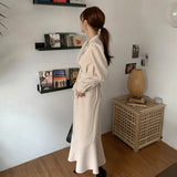 Sashes Dresses for Women Party Office Lady Trumpet Mermaid Long Sleeve Midi Woman Dress Beige Korean Clothes