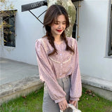 Women Patchwork Fashion Vintage All-match Single Breasted Round Neck Cozy Basic Spring Long Sleeve Chiffon Girls