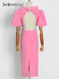 Pink Sexy Dress For Women Round Neck Puff Sleeve Patchwork Bowknot Backless High Waist Midi Dresses Female
