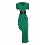Irregular Green Patchwork Belt Gathered Waist Long Dress Female V Neck Short Sleeve Slim Dresses For Women 2021