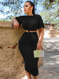 Solid Bandage Two Piece Dress Sets Women Sexy Short Sleeve Crop Top and Ruched Skinny Mid Calf Skirt Fashion Clubwear