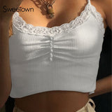 Streetwear Lace Patchwork Summer Solid White Tank Top Women Home Fashion Leisure Outfit Casual Crop Tops Kawaii