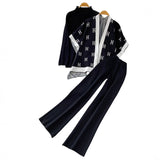 Ocean Gas Three-Piece Loose Wind Letter Embroidered Cardigan Jacket Bottom High Collar Knitting Tops Broad