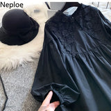 Oversized Blouse Women 2023 Blusas Mujer De Moda Crochet Lace Shirt Lantern Sleeve Loose Blouses Japanese Black Long
