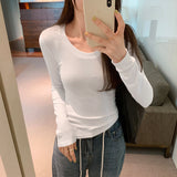 Round-Neck Ins Long-Sleeved Blouse Women's New Autumn Solid Color Cashmere Basic Slim Bottomed Blouse-Outfit