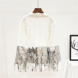 Black Casual Patchwork Jacket For Women Lapel Long Sleeve Sequin Tassel Jackets Female Fashion New Clothes