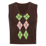 Argyle Y2K V Neck Knitted Sweater Vest Autumn Sleeveless Plaid Casual Knit Crop Top Women Fashion Pullover