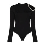 Black Cut Out Playsuit For Women Round Neck Long Sleeve High Waist Patchwork Diamond Playsuits Female 2021
