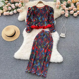 Spring Autumn Bohemian Women Printed Draped Two Piece Set Blue/Red/Yellow Pleated Ruffle Blouse + High Waist Midi Skirt Suit