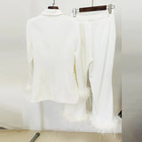 New Fashion Temperament Real Feather Ostrich Hairy Blazer Nine-Point Trouser Suit Two