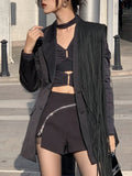 Korean Fashion Black Patchwork Tassels Blazer For Women Notched Collar Long Sleeve Solid Blazers Female Spring