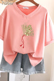 100% Cotton L-5XL Plus Size T Shirt Print Short Sleeve Women's Top Japanese Summer Sweet Couple V Neck Oversize T
