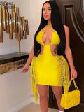 Summer Tassel Hollow Mini Dresses Women Waistless Sexy Halter Sleeveless Backless Lace Up Bodycon Midnight Party Clubwear