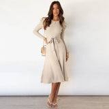 Puff Sleeve Solid Color Dress Round Neck High Waist Lace Temperament Thinner Knitted Base Sweater A-Line