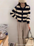 Korea Dongmen 2024 Autumn New Black-And-White Striped Cardigan High-Grade Woolen Sweater Women's Knitted Blouse-Outfit