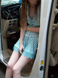 Color Green Stripe Lace Tie Neck Dress Summer New Sexy Style Waist Waist Slim Skirt-Outfit