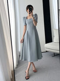 Square Collar Casual French Midi Dress for Women Elegant Party Ladies Pleated A-Line Femme Fashion Bodycon Dress