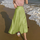 Summer New Women's Skirts Fashion Elegant Acetic Acid Fabric Midi Length High Waist Streetwear Satin Thin White Woman