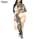 Autumn Women Tracksuit Crop Top Camo Patchwork Print Top and Pants Sweatset Two Piece Set Jogger Femme Outfits