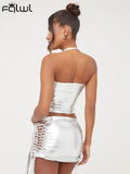 Silver Halter Drawstring 2 Two Piece Sets Summer Outfits For Women 2023 Sexy Hellow Out Mini Skirts Sets Backless